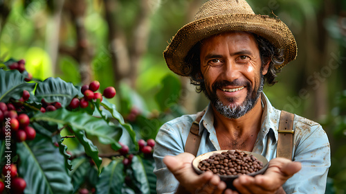 Brazilian farmer offers coffee. A man stands in the garden, among coffee trees, holds coffee beans and smiles, portrait  photo