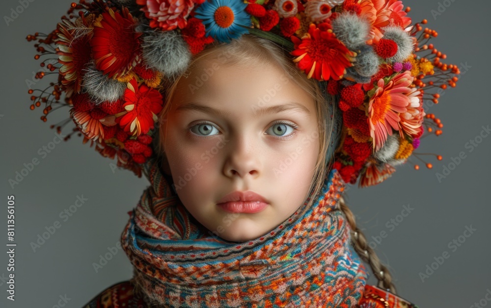 A young girl wearing a flower headdress and a scarf. The girl has a blue eye and a pink lip A young girl wearing a flower headdress and a scarf. The girl has a blue eye and a pink lip