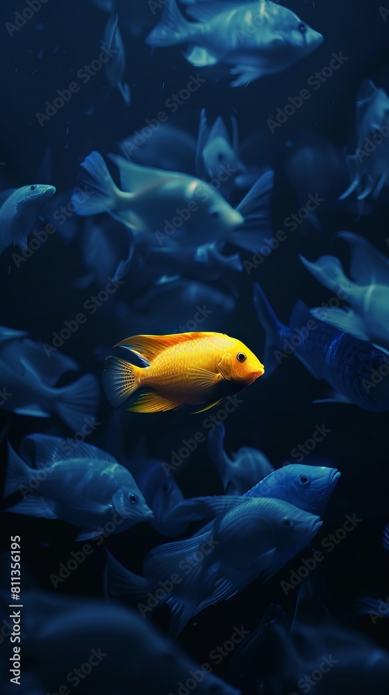 A yellow fish swimming in a group of other fish. Generative AI. A yellow fish swimming in a group of other fish. Generative AI.