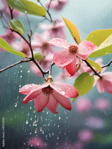 Dogwood tree blossom under rain.