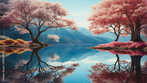 Blossoming trees on the shore of lake with reflection. 