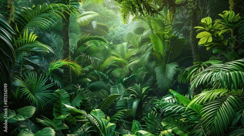 The vibrant rainforest thrives with a diverse array of lush green plants boasting a mix of straight and curvy trunks alongside fat and skinny leaves The photo is oriented horizontally captu photo