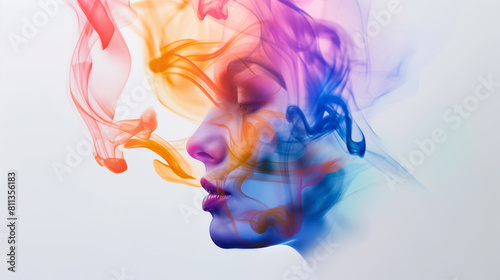 Mulher sentindo emoções em dupla exposição com fumaça colorida - wallpaper HD