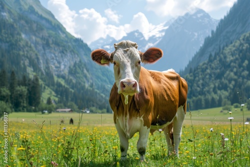 Idyllic Swiss cow in awe-inspiring mountain backdrop