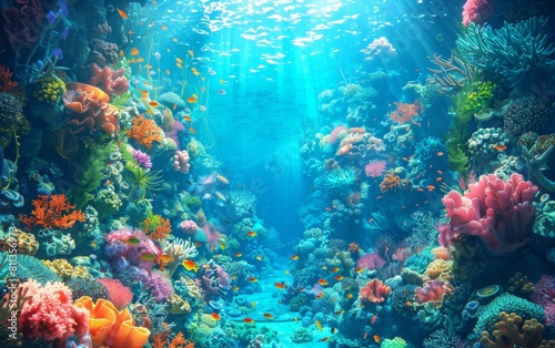 Fototapeta Naklejka Na Ścianę i Meble -  A colorful underwater scene with a variety of fish and coral. Scene is vibrant and lively, with the bright colors of the fish and coral creating a sense of energy and movement