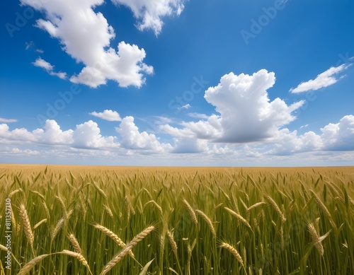 Golden wheat field with blue sky and white clouds