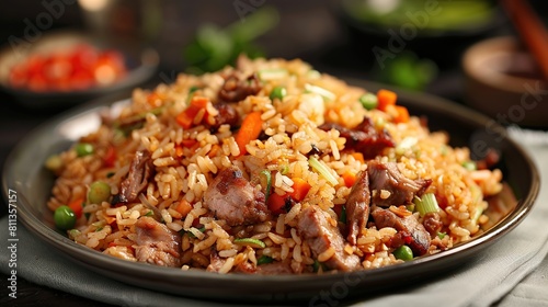 Nasi goreng is a Southeast Asian fried rice dish, usually cooked with pieces of meat. Generative Ai