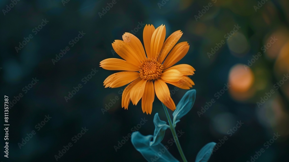 A single orange flower in the middle of a dark background. Generative AI. A single orange flower in the middle of a dark background. Generative AI.