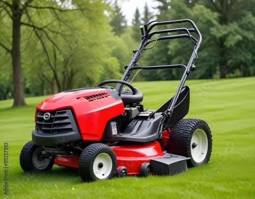 A and gray lawn mower in a grassy field with trees in the background