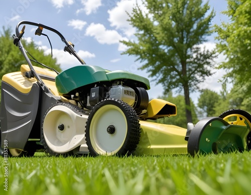 A and gray lawn mower in a grassy field with trees in the background photo