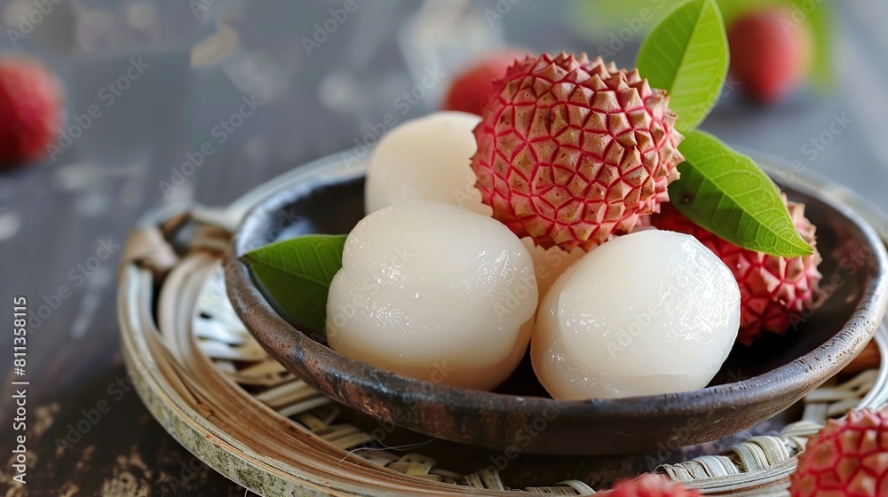 Lychee, Whole and peeled lychee fruits with leaves. Generative Ai Lychee, Whole and peeled lychee fruits with leaves. Generative Ai