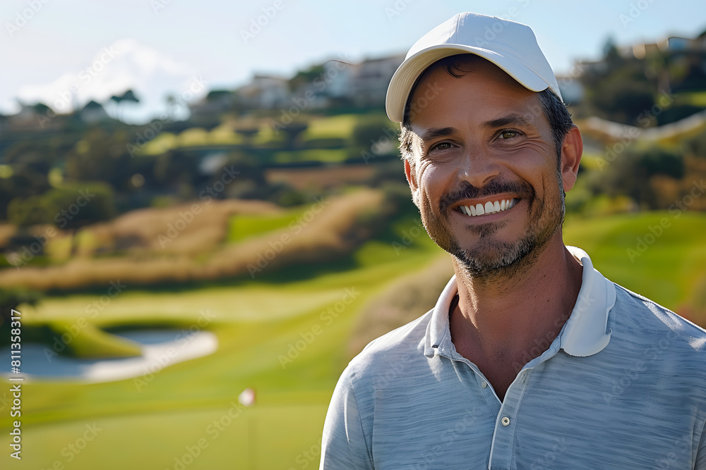 Portrait of a smiling man standing in a golf course on a sunny day, enjoying outdoor leisure and recreation. Portrait of a smiling man standing in a golf course on a sunny day, enjoying outdoor leisure and recreation.