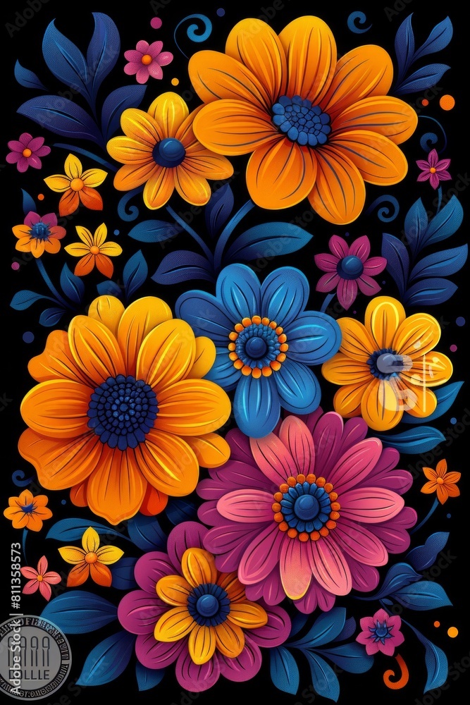 A colorful painting of flowers on a black background, AI