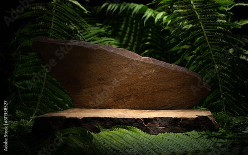 Fototapeta Naklejka Na Ścianę i Meble -  stones and plants for the podium product presentation. natural orange stones with texture on a background of green fern leaves for the podium presentation of products cosmetics medicine jewelry perfum