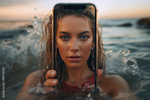 Young girl capturing her reflection on her smartphone at sunset by the ocean