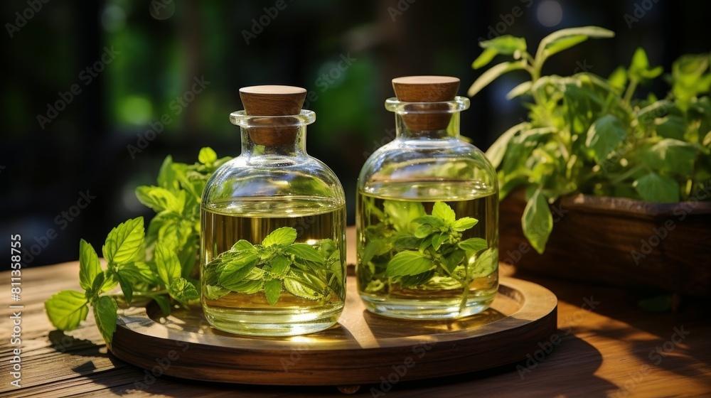 Bottle Filled With Green Leaves on Wooden Table Bottle Filled With Green Leaves on Wooden Table