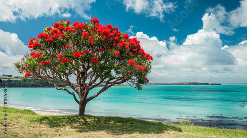 Blooming pohutukawa tree on the beach against blue sky on a bright sunny day. Iconic New Zealand's native Christmas tree. 