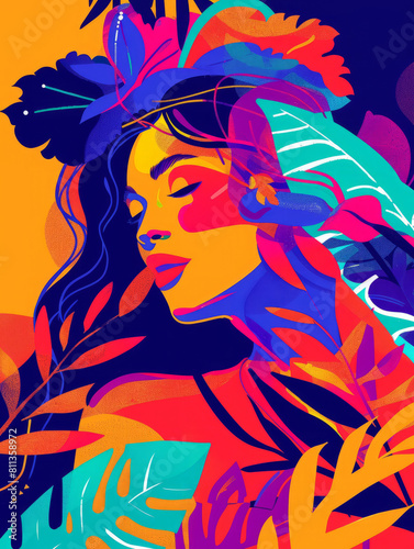 An illustration of a woman in vivid and motley colors. The concept of individuality