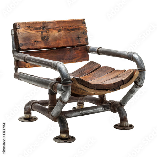 Rustic Wooden and Industrial Pipe Bench on Transparent Background. Studio product photography for design and print
