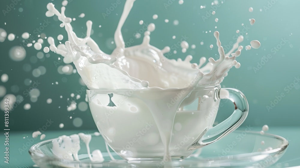 Milk splash with glass cup . Generative Ai Milk splash with glass cup . Generative Ai