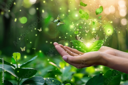 Enchanting image depicting a hand with a glowing butterfly and leaves, symbolizing hope, growth, and the magic of nature