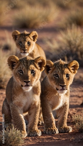 A cluster of adolescent lion cubs, their curious eyes fixed on the camera in the desert.