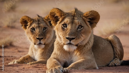 A pack of youthful lion siblings lock eyes with the camera amid the desert sands.