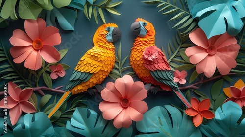 two cute macaw bird in tropical jungle with hibiscus flower blossoming, paper cut craft sculpture artistic background illustration, Generative Ai © QuietWord