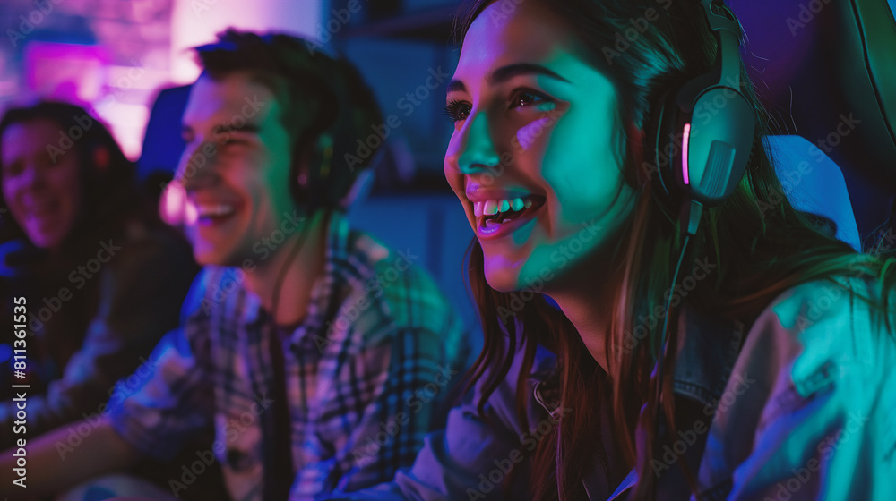 Portrait of happy friends playing online games at night in gaming club Portrait of happy friends playing online games at night in gaming club