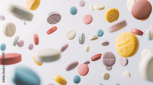 Many colorful pills falling on white background. Health care and medical concept