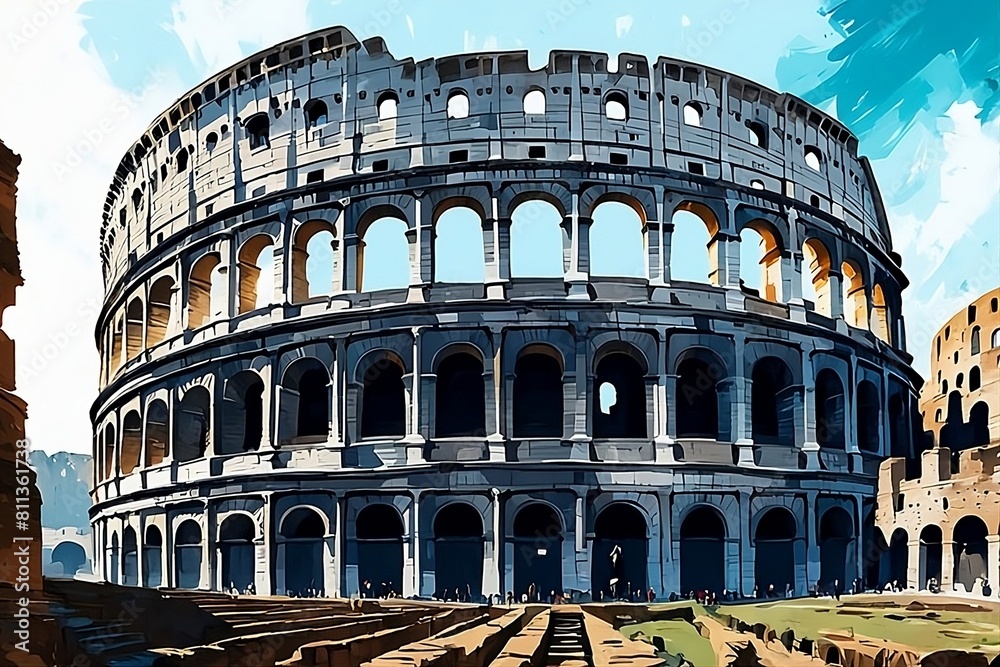 The Colosseum Rome beautiful landscape. artful painting style illustration with grungy brush stroke texture. Generative AI