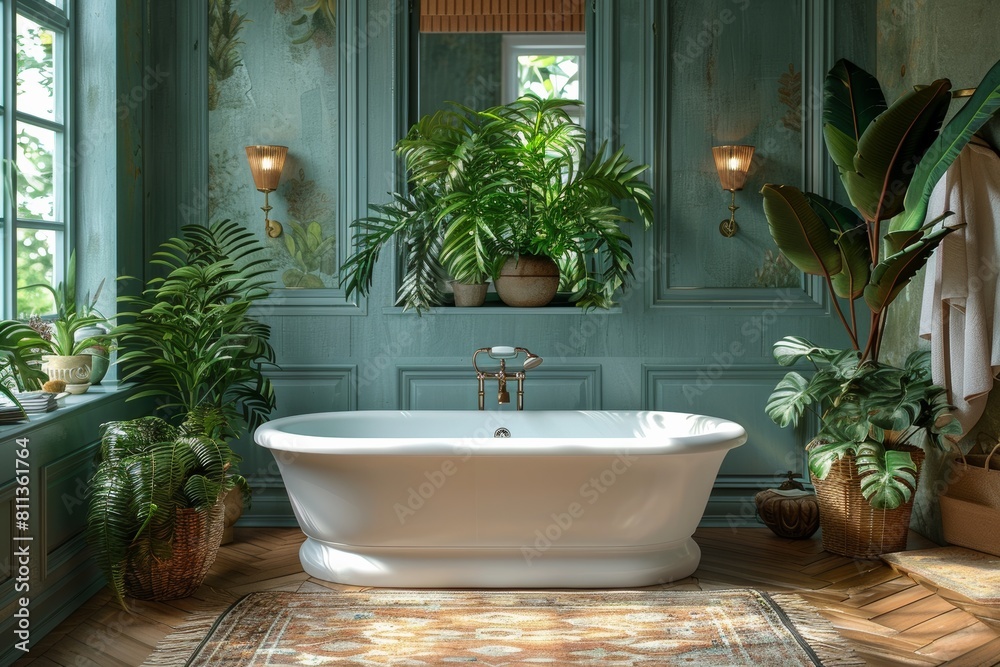 Tranquil bathroom oasis: A white bathtub nestled amidst lush greenery for a soothing escape