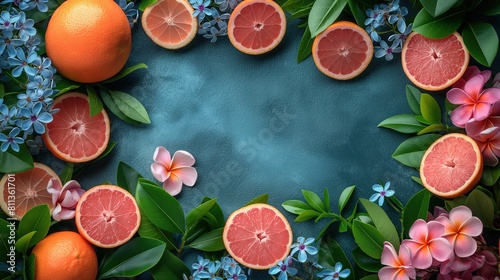 spring summer banner border and frame background, flay lay half cut grapefruit fruit  with flowers bouquet  photo