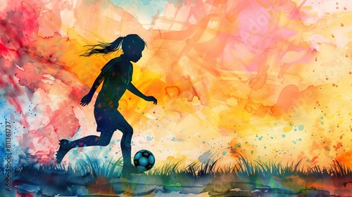 girl playing soccer, kicking ball, watercolor