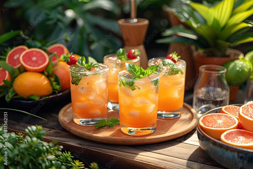 Fototapeta premium Fresh summer drinks cocktails with berries, fruits, ice and frost on glasses. Vacation open beach bar concept.