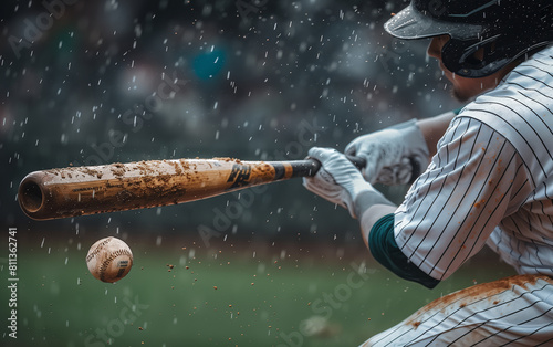 Baseball player hitting ball in rain, dynamic sports action photo