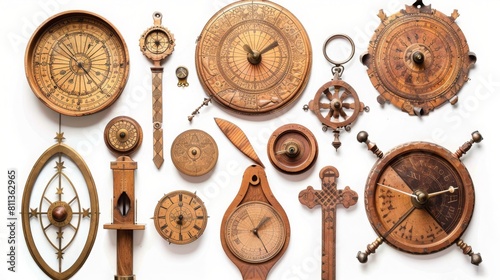 Astrolabes, astronomical instruments, white background, 16:9