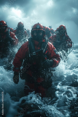 A group of a bunch of people in red suits are walking through the water, AI