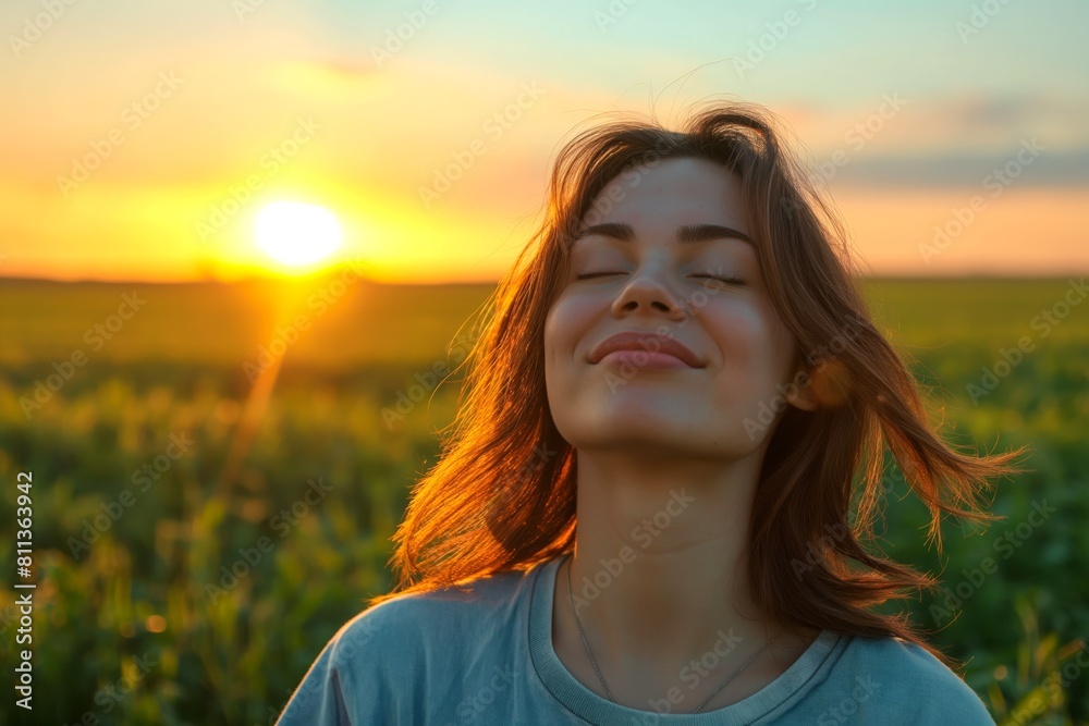 Backlit Portrait of calm happy smiling free woman with closed eyes enjoys a beautiful moment life on the fields at sunset	