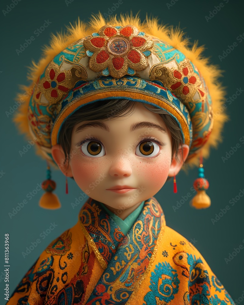Cartoon, 3D boy in national traditional Asian attire. Cartoon, 3D boy in national traditional Asian attire.
