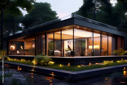 A modern house with glass walls and a small garden by the pond. © feroooz arts