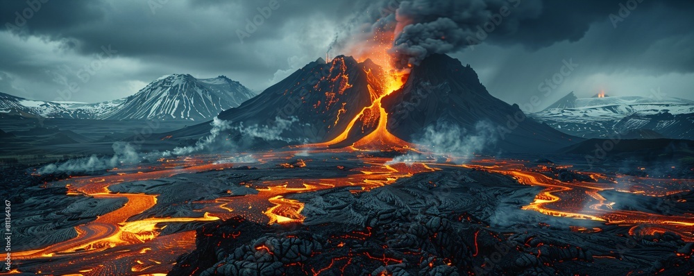force of nature - mountain massif with volcanic eruption