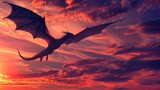 dragon soaring in the sky at dusk, detailed silhouette against a vividly colored sunset, photorealistic clouds and sky realistic