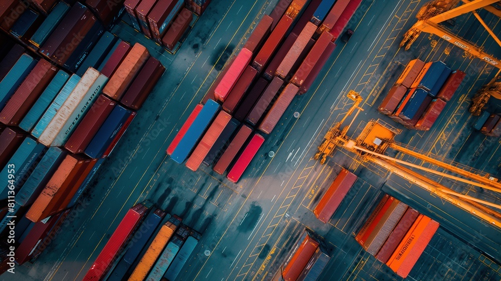 Obraz premium Transport container for cargo transportation background, shipping container yard, industrial port storage freight global. Industrial container yard for logistic import export business and forklift.