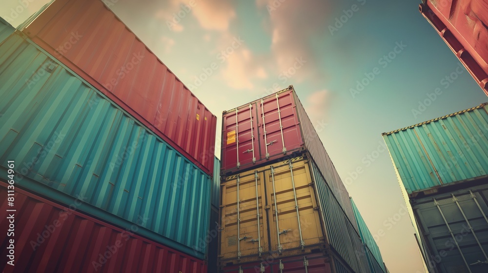 Fototapeta premium Transport container for cargo transportation background, shipping container yard, industrial port storage freight global. Industrial container yard for logistic import export business and forklift.