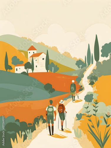 Tourists pilgrims walking along the ancient paths Spanish route  Buen Camino