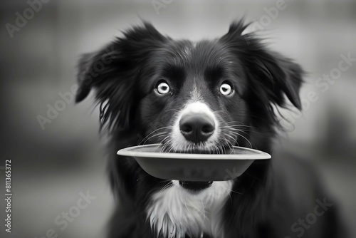 Black dog with a frisbee in his mouth photo