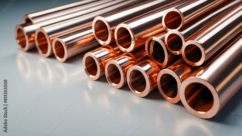 Fototapeta premium Metal copper pipes of different diameters industrial background close-up
