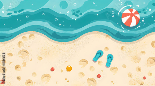 Illustration of the beach shore with sandals and a ball seen from above.