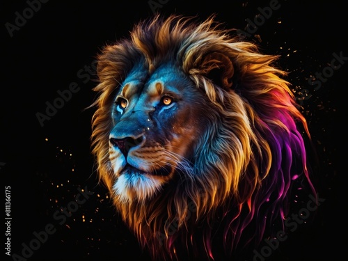 Abstract lion head  Multicolored flames dance in the outline of the majestic creature against black.
